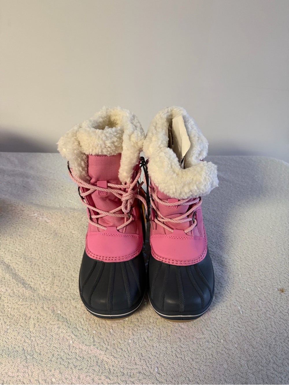Cat & Jack Pink and Black Kids Winter Snow Boots with Faux Fur Collar